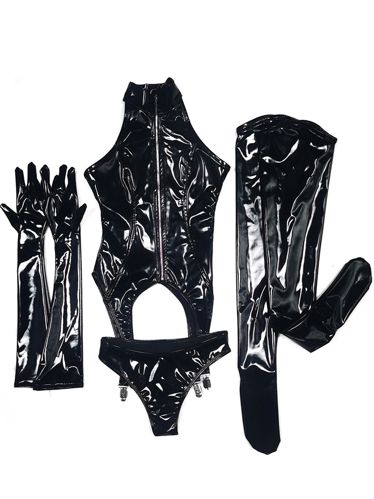 4PCS/SET Wet Look PVC Catsuit  - огляд і ціна Garter Belt Set